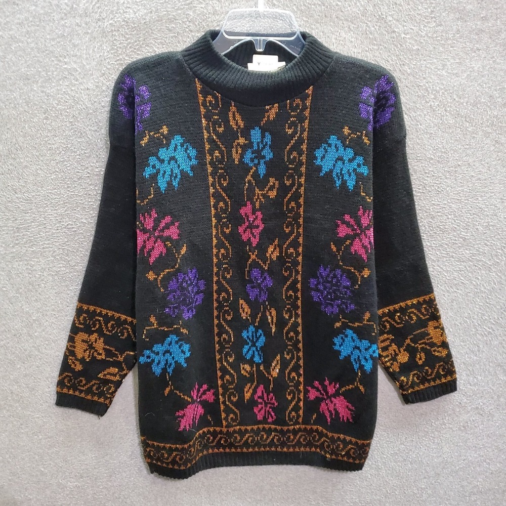 VINTAGE Dana Scott Women Sweater Small Black Floral‎ Tunic Metallic Mock Neck